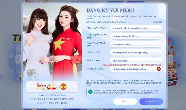 Giao diện đăng ký Mu88