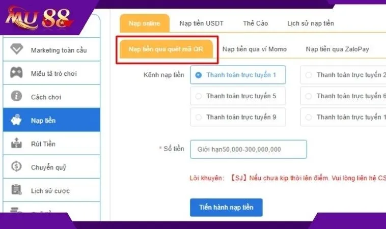Giao diện nạp tiền Mu88